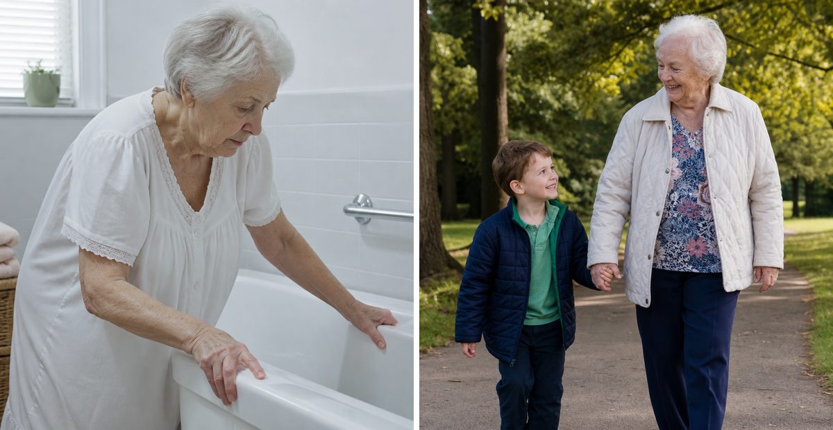 Before and after: struggling at the tub, and out walking again
