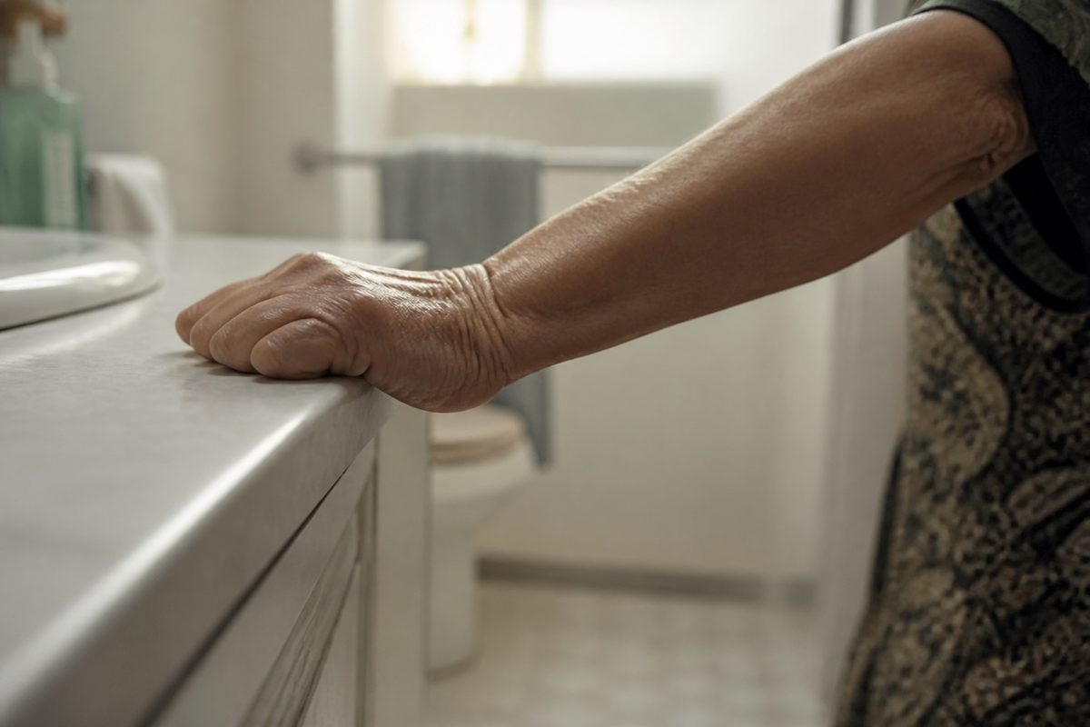 An older woman's hand gripping the edge of a bathroom counter for balance