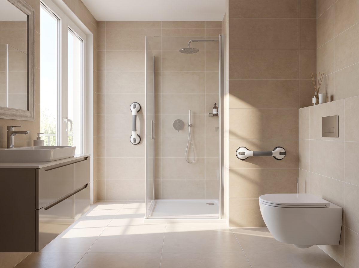 Two Holdfast Pro handles mounted beside a shower and a toilet