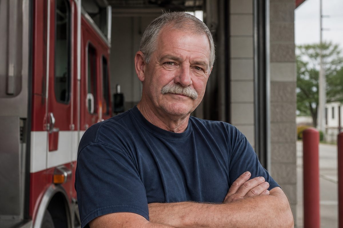 Mike Callahan, retired firefighter, outside a fire station