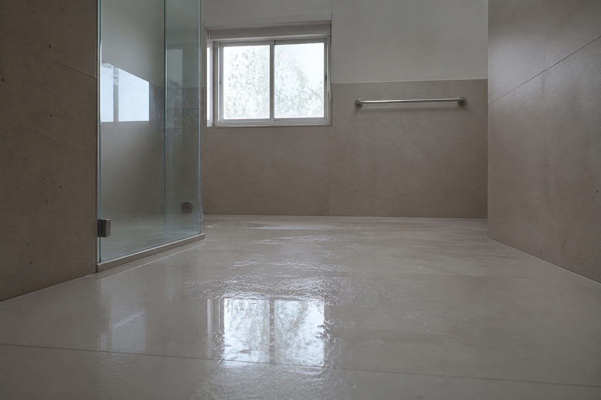 A wet tiled bathroom floor beside a glass shower screen with nothing to hold on to