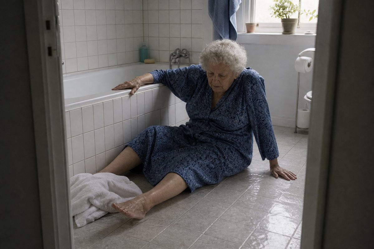 An older woman on the bathroom floor after a slip beside the bathtub