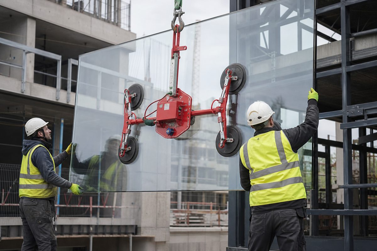 Workers lifting a large pane of glass with a mechanical vacuum suction lifter