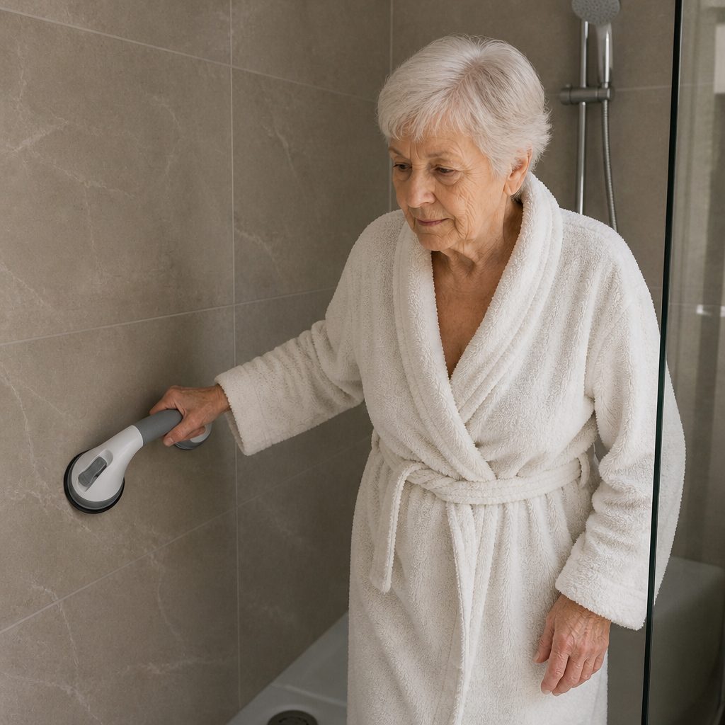 An older woman steadying herself on a Holdfast Pro handle while stepping out of the shower