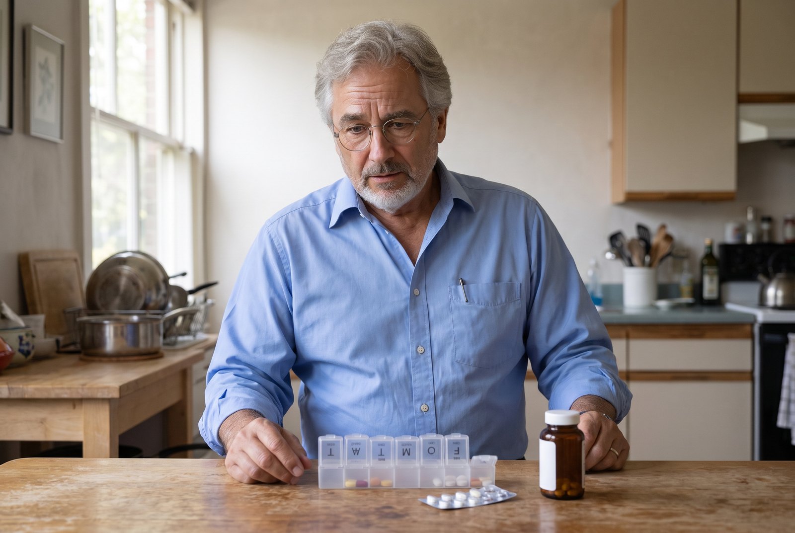 Dr. Alden with the seven-day organiser most of his patients over 55 carry. A bladder tablet gets added beside the blood pressure and the cholesterol, and the 2 am trip carries on much as before.