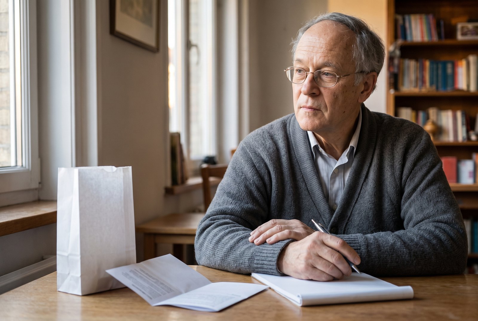 Warren Bishop at home, a year into retirement. Forty years behind the counter, and roughly six seconds a patient to say anything not already printed on the bottle.