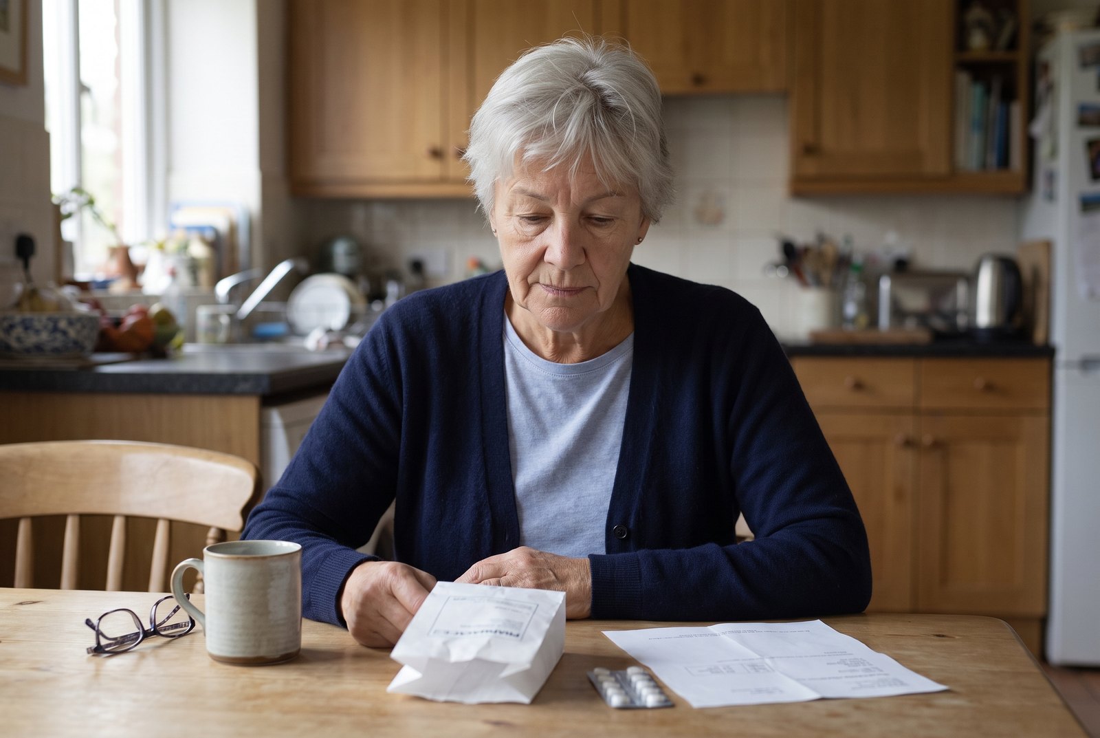 Ellis Marchetti at her kitchen table, a year into retirement. Thirty years of handing over the pharmacy bag, the pelvic floor sheet and the exit conversation about pads — and the question she wishes she had had the appointment length to say.