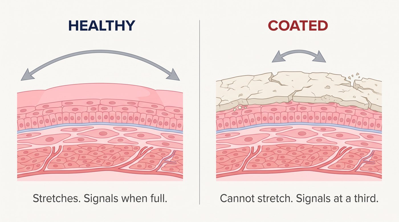 The same bladder wall, drawn to the same scale. Left: healthy tissue, which stretches and reports full when it is full. Right: the same wall under a layer of mineral and acid deposit, which cannot stretch and calls full at about a third.