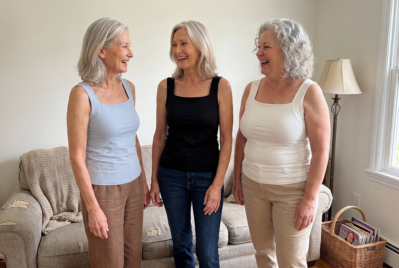 Three women of different sizes wearing the same tank