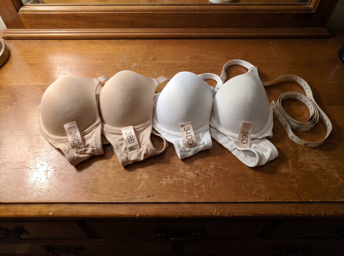Four bra tags: 36C, 38B, 34DD, 36D